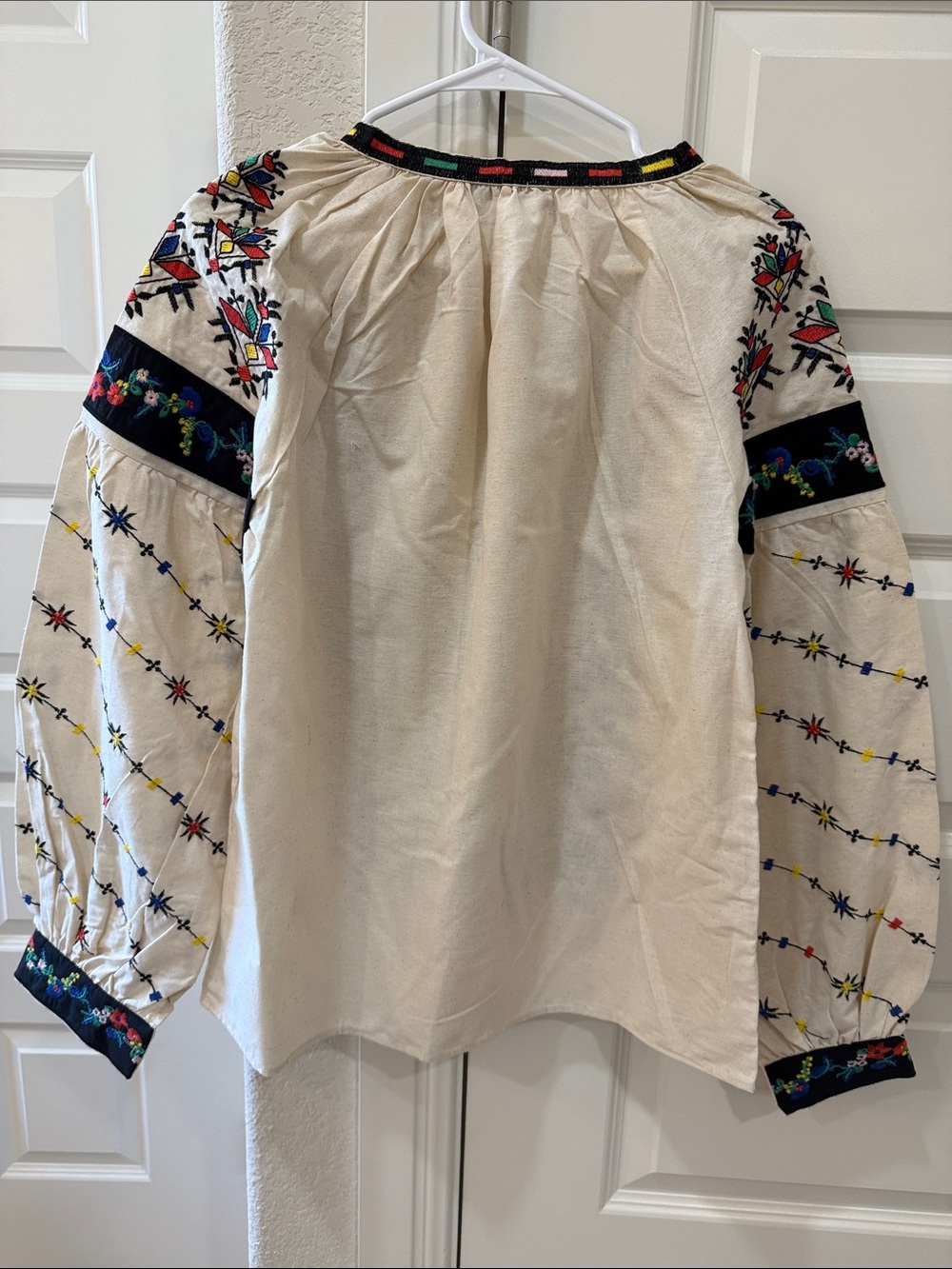 Embroidered Boho Peasant Blouse - Cream with Multicolor Accents - Picture 6 of 6